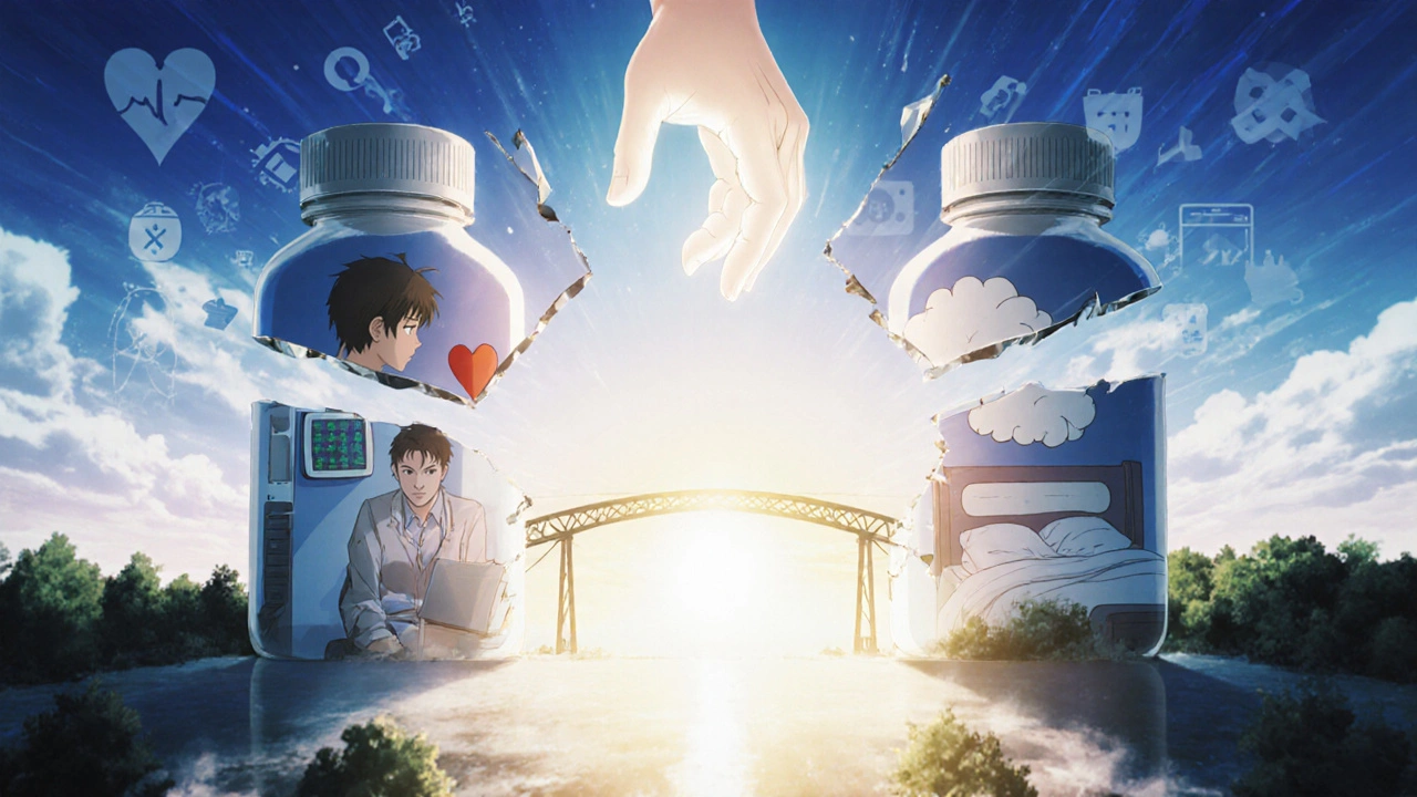 A shattered pill bottle reforming into a bridge leading to light, symbolizing support and hope for medication adherence.