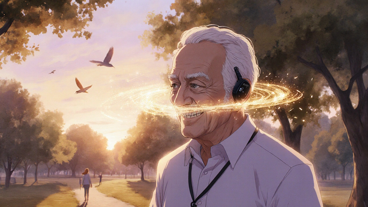 An elderly man enjoys his granddaughter’s laughter in a park, her voice rendered as a glowing golden halo, while ambient sounds fade into soft watercolor textures.