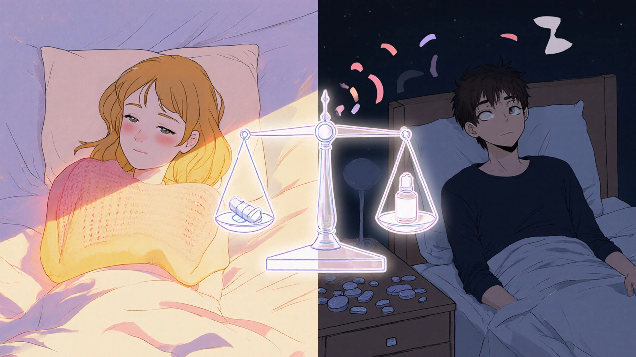 Contrasting scenes: peaceful sleep with heat therapy vs. dizziness from medication side effects.