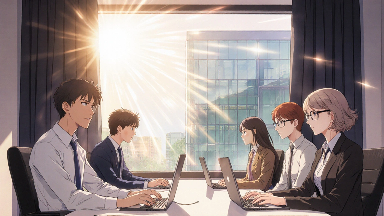 Diverse group of people working comfortably under migraine-friendly lighting in a modern office.