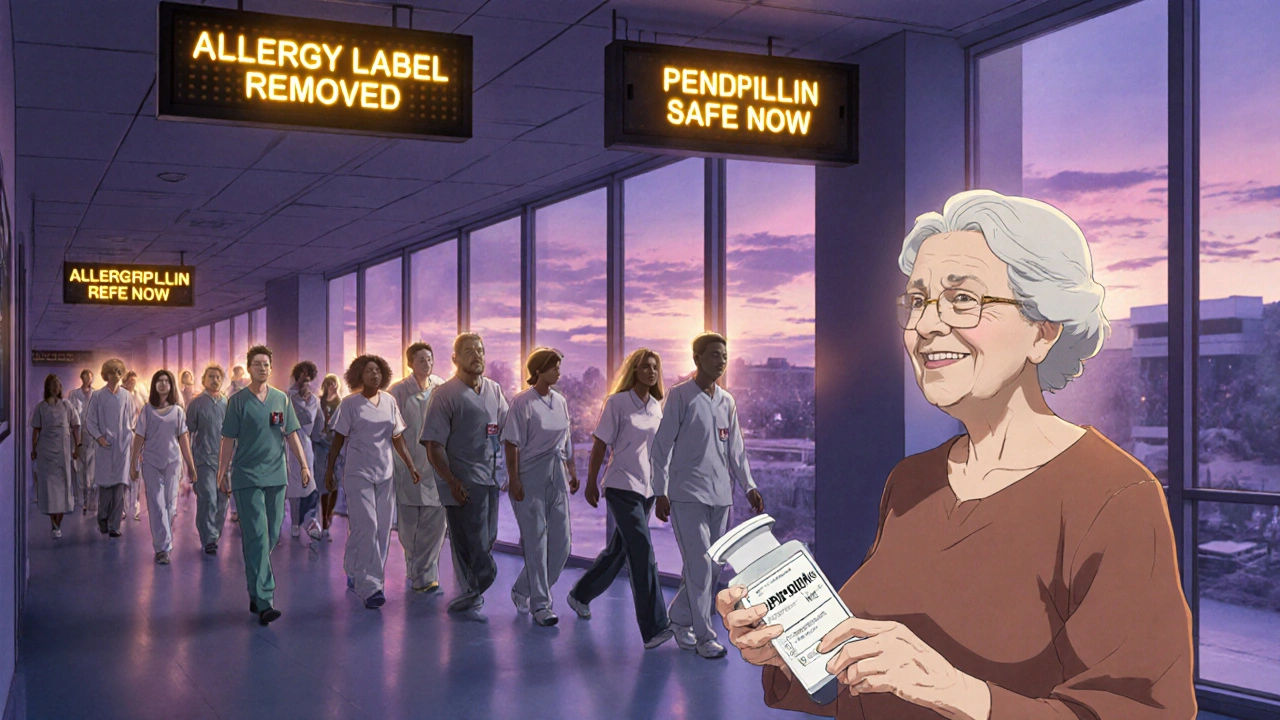 Diverse patients walking past hospital signs saying &#039;Allergy Label Removed&#039;, elderly woman holding amoxicillin prescription.