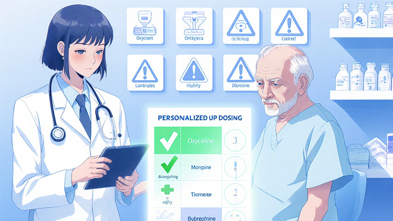 Doctor and pharmacist reviewing opioid dosing chart with safe and unsafe medication icons displayed.