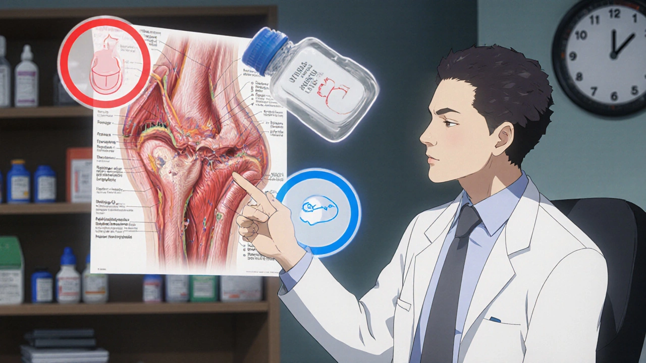 Doctor explaining RA muscle tension with animated diagram, floating medication icons around them.
