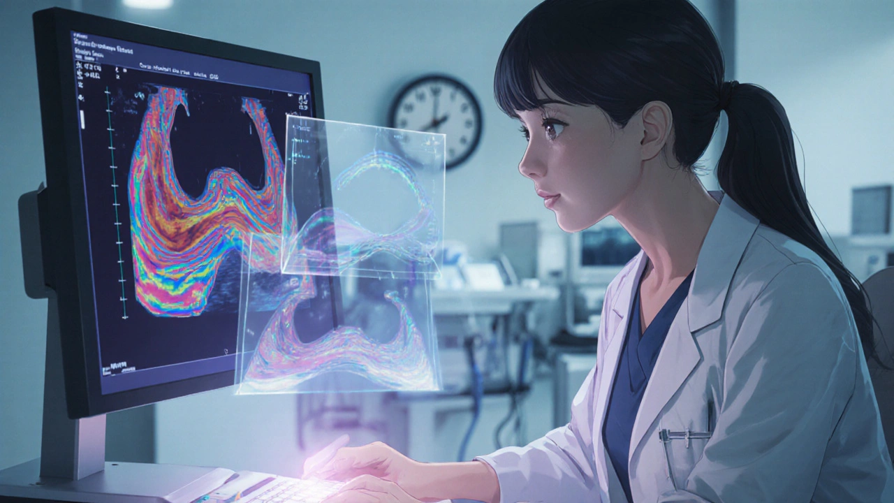 Doctor using ultrasound to detect portal vein blockage, with animated blood flow visuals and floating occlusion indicators.
