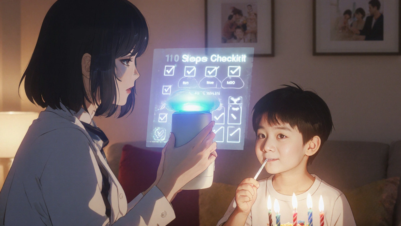 Family video-calling a doctor while using a smart spacer with glowing indicators for proper technique.