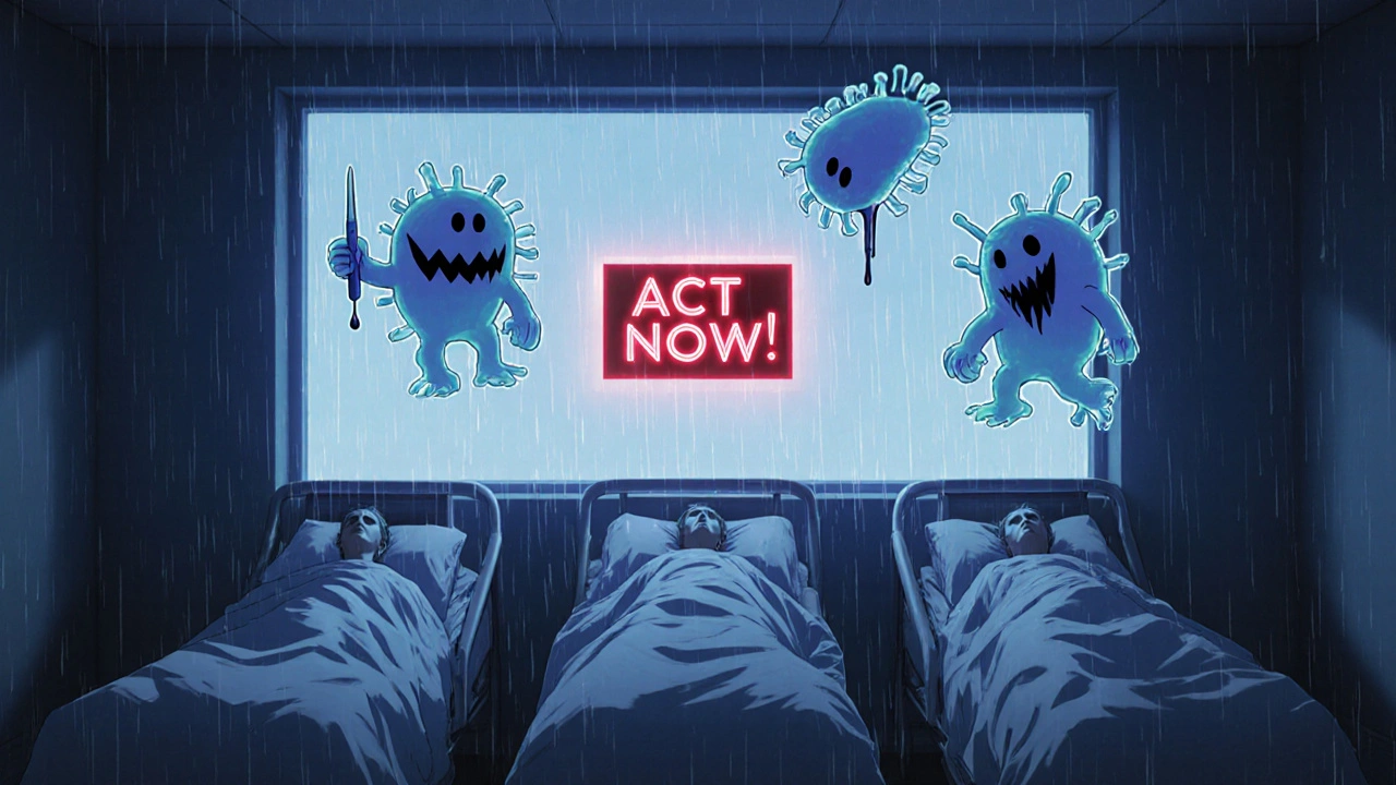 ICU with ghostly bacterial demons hovering over patients, cold blue light and rain outside window.