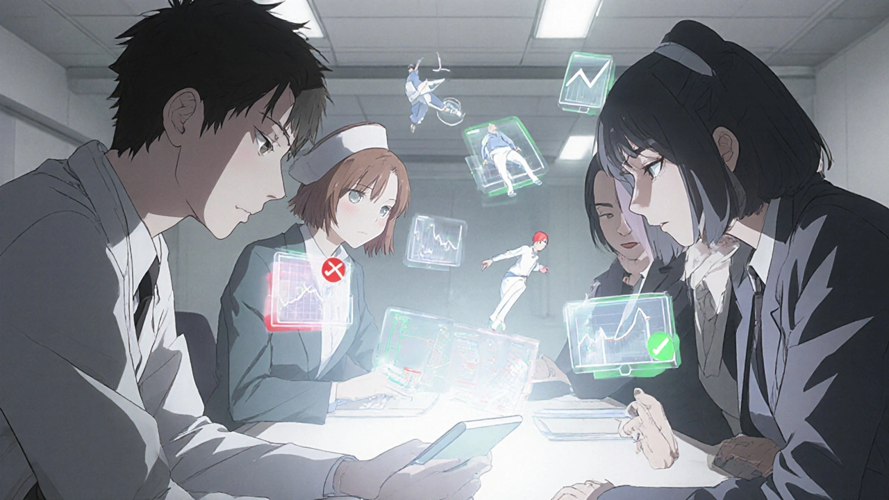 Medical committee reviewing drug safety data on glowing tablet with floating risk and safety icons.