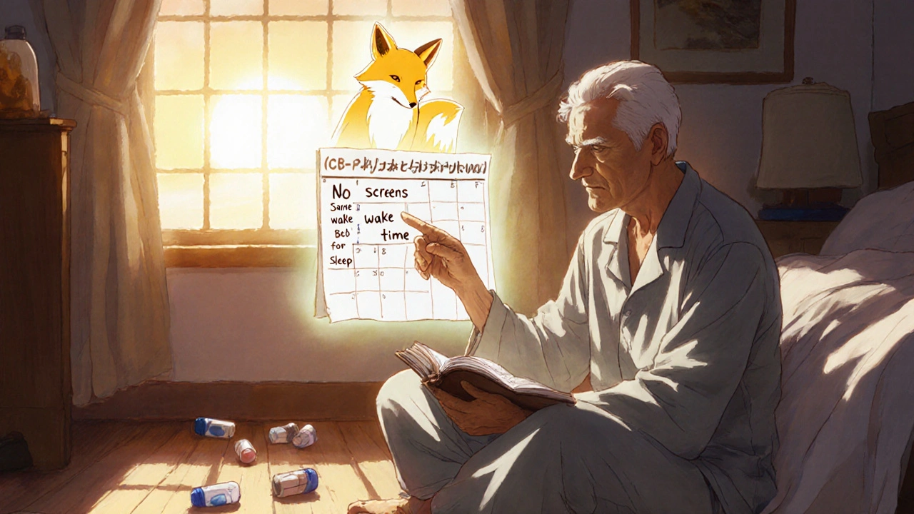 Older man practicing CBT-I with glowing fox spirit guide as sunrise fills the room.