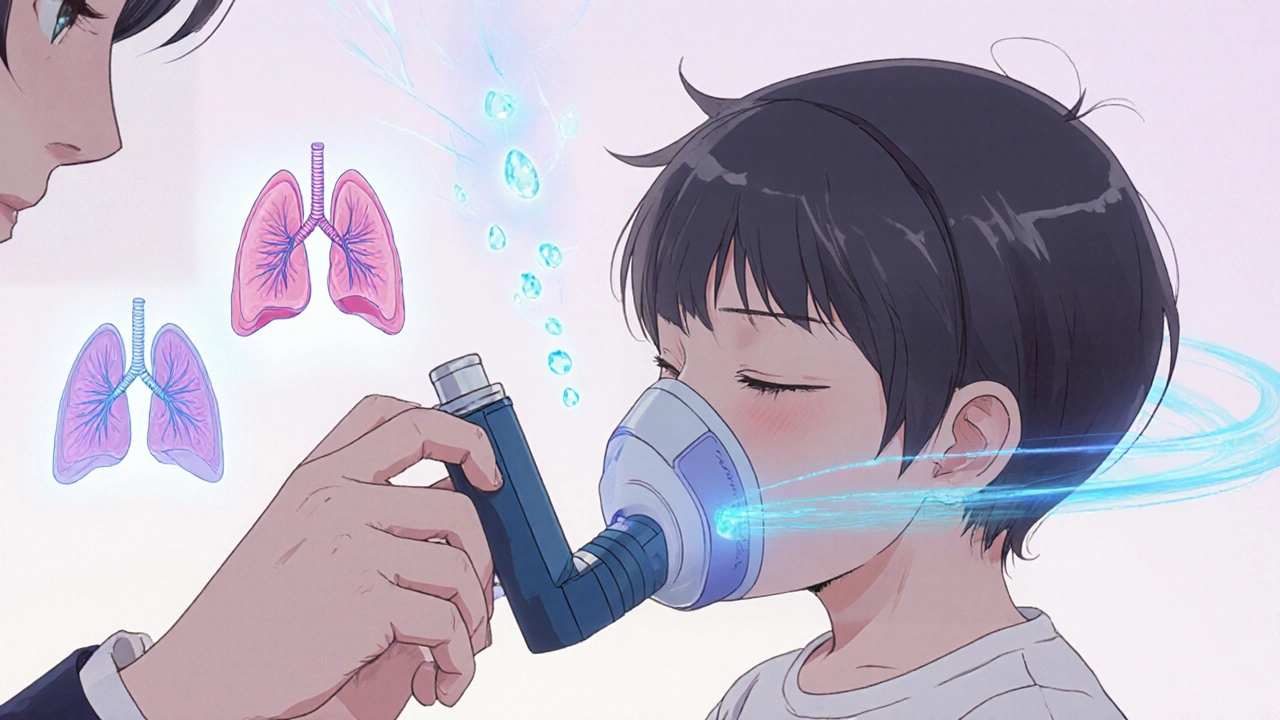 Parent helping toddler breathe slowly through a mask connected to a spacer, with medicine particles visible.