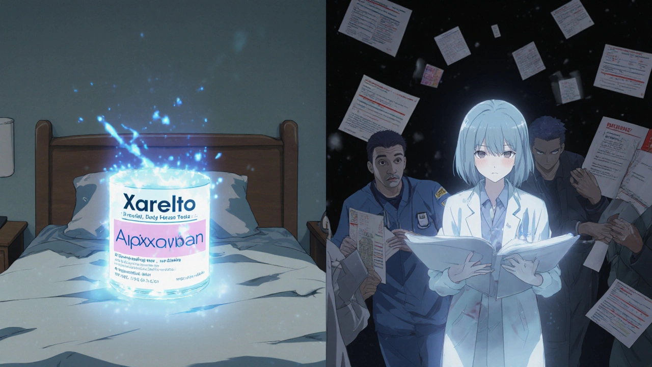 Patient&#039;s medication switch shown across nursing home and hospital, with ghostly figure and mismatched charts.