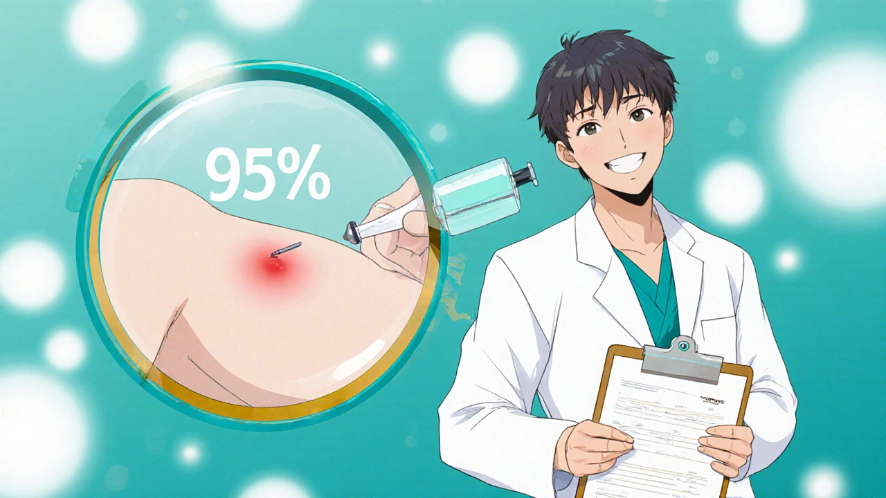 Patient receiving penicillin skin test with magnified red bump and accuracy percentage overlay.