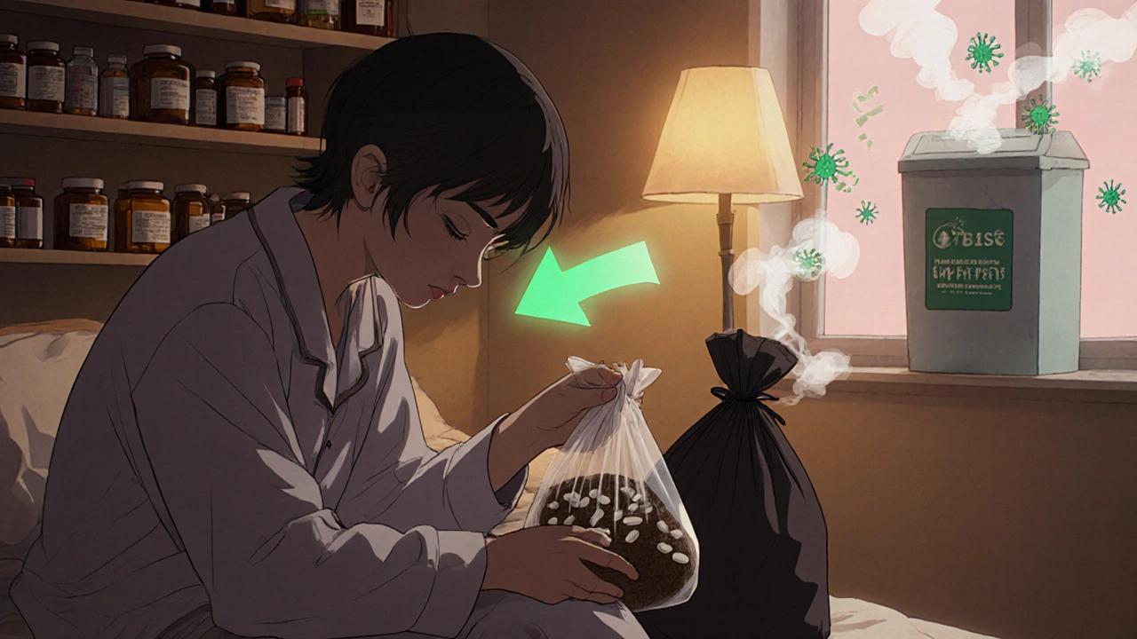 Person disposing of expired pills with coffee grounds, safe meds on shelf, take-back bin visible in anime style.