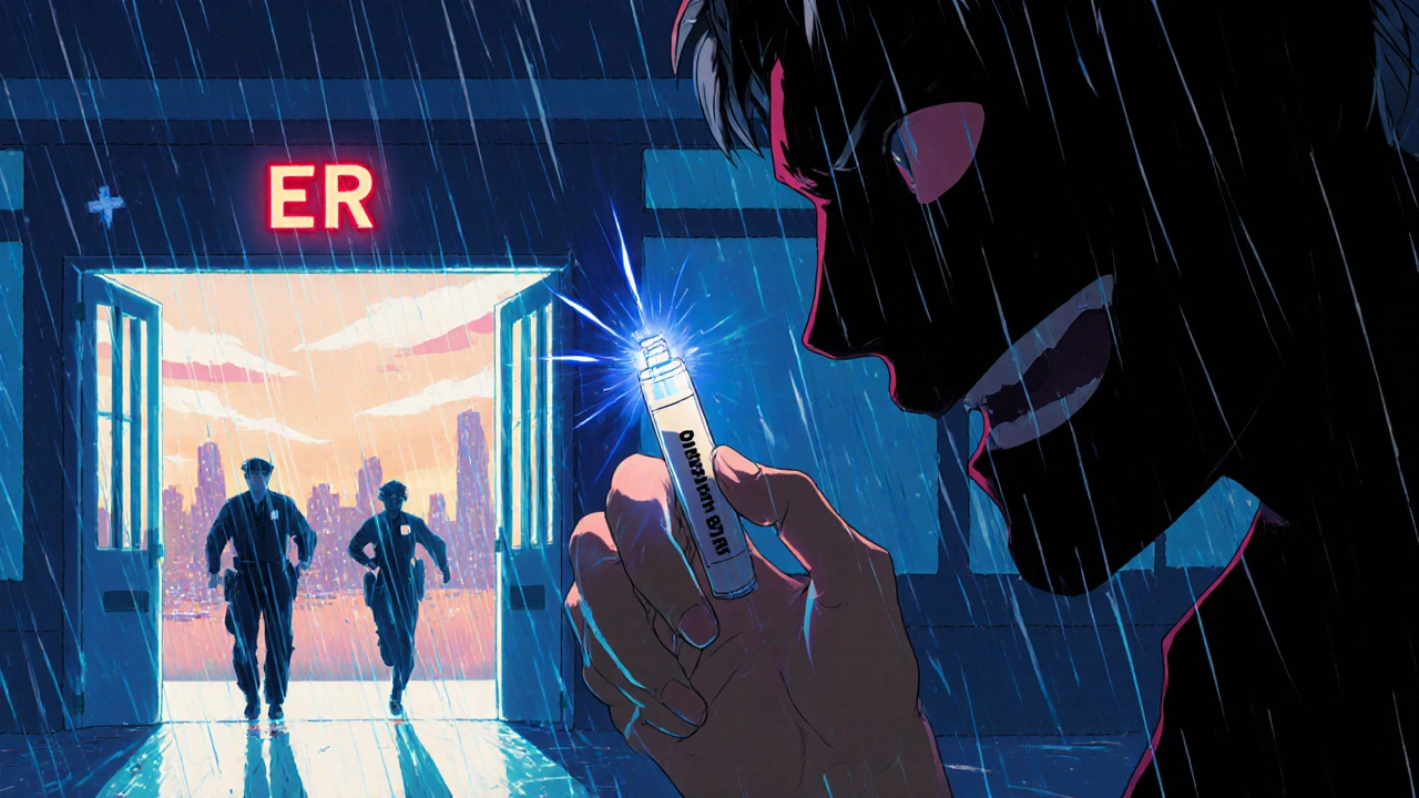 Person using expired EpiPen during allergic reaction, faint pulse, hospital in background, anime emergency scene.