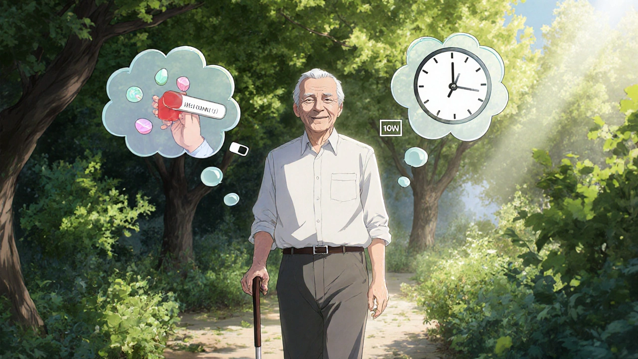 Senior walking steadily in a garden, pain fading as he gains mobility, with monitoring symbols nearby.