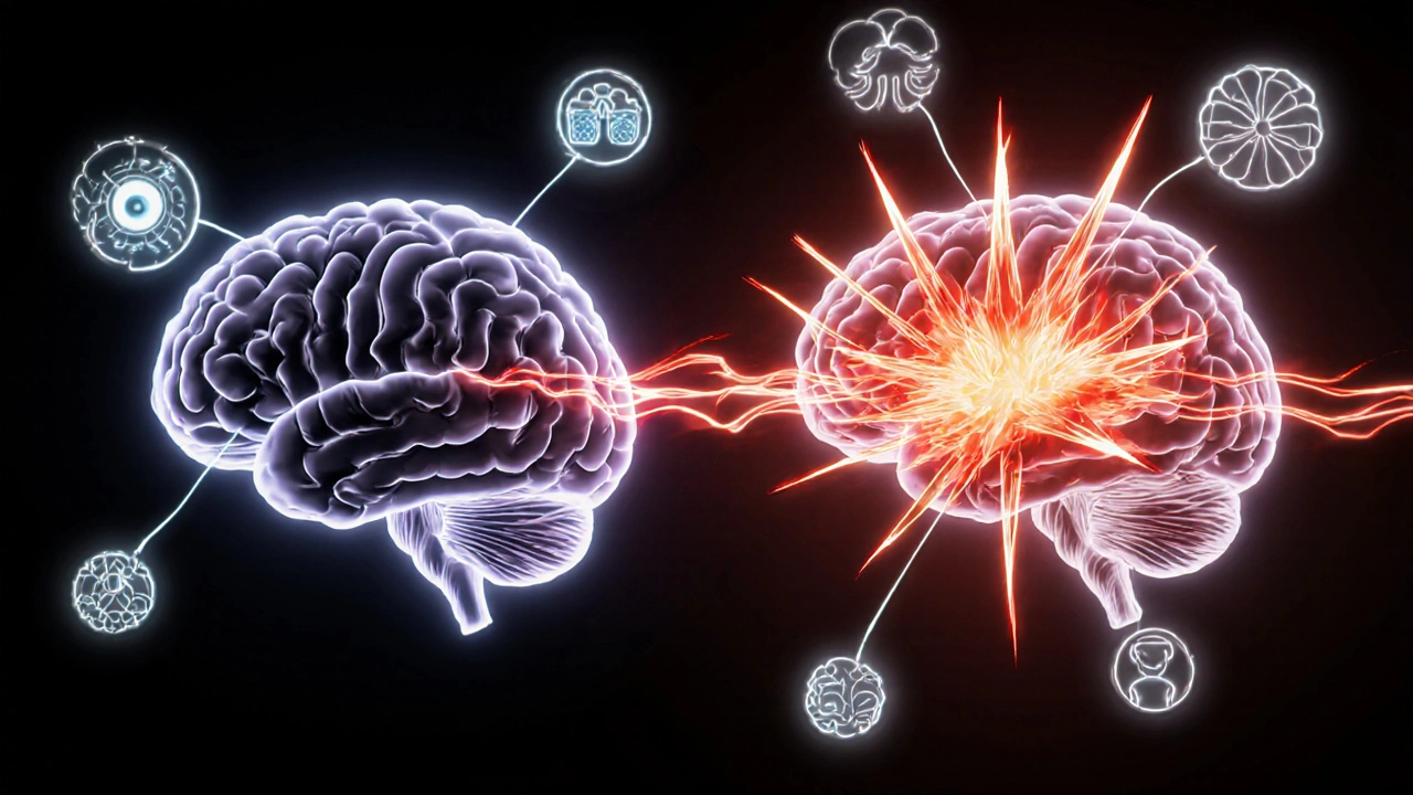 Side-by-side anime brain comparison showing normal vs. photophobic light signal responses.