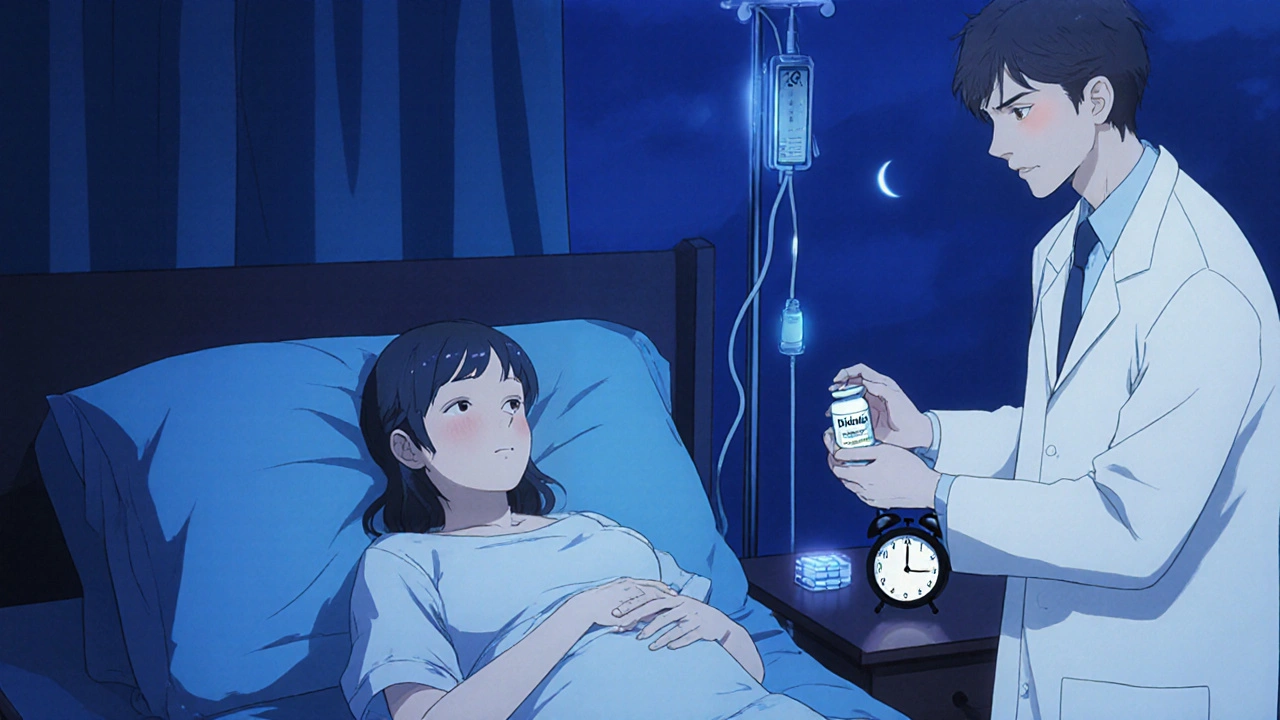 Sleeping pregnant woman in hospital with Diclegis pill bottle on nightstand