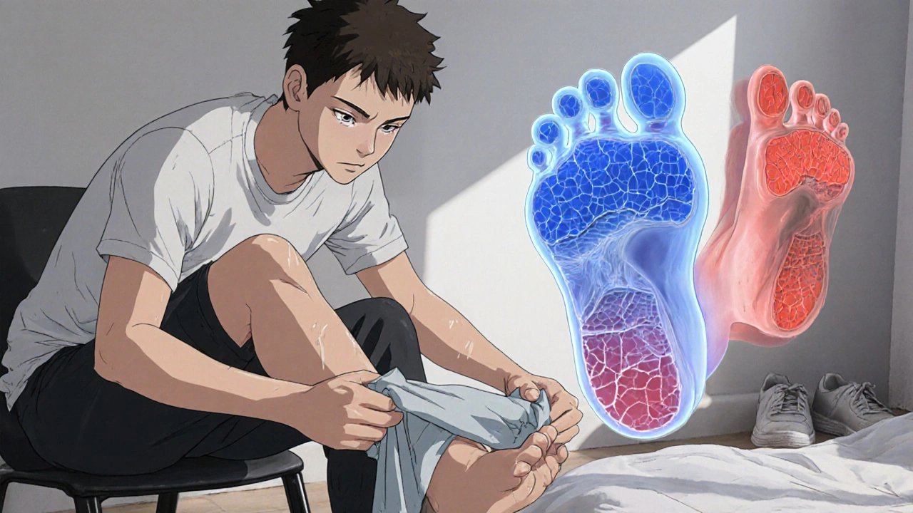 Someone performing a seated towel stretch to relieve plantar fascia pain, focused and determined expression.