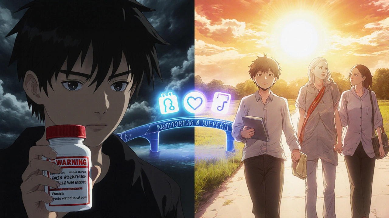 Split anime scene: dark despair on left, hopeful sunrise on right, connected by a bridge labeled &#039;Monitoring &amp; Support&#039;.