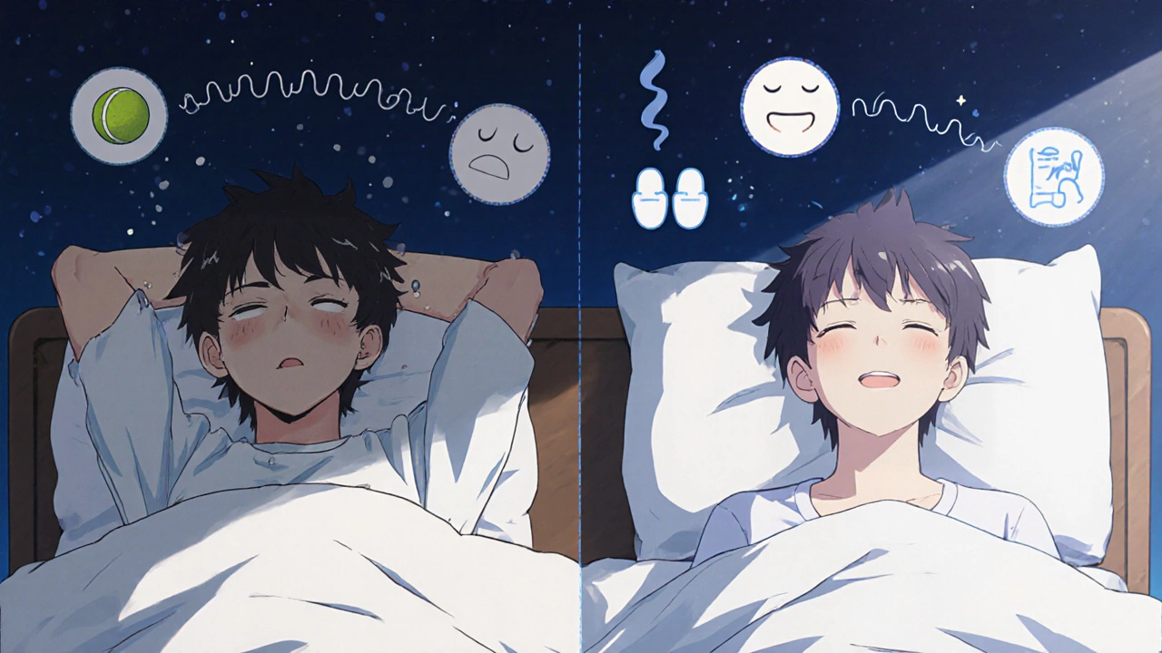 Split-bed scene: left shows discomfort with tennis ball, right shows peaceful sleep with wearable device, symbols of improved health floating nearby.