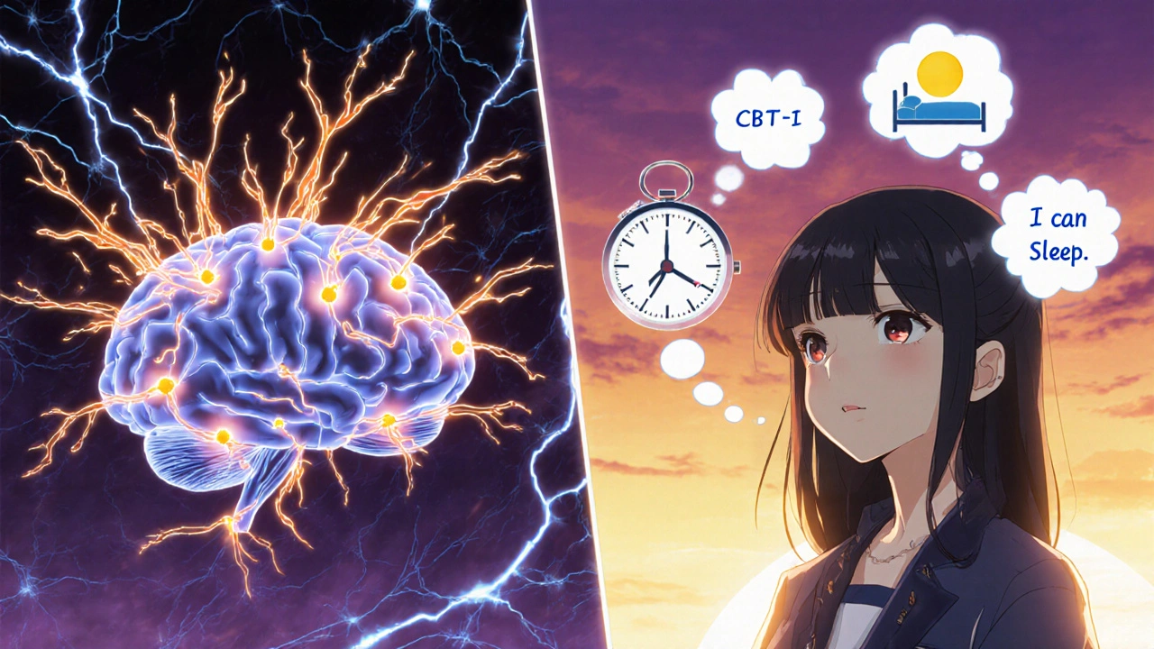Split brain illustration: chaotic drug-affected neurons vs. calm natural sleep patterns with sunrise.