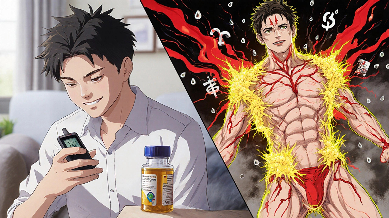 Split scene: calm diabetes routine vs. violent infection spreading with glowing bacteria.