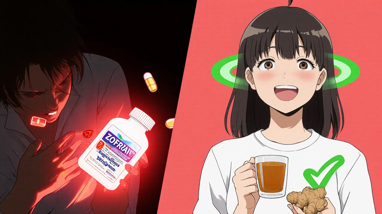 Split scene: risky Zofran vs. safe ginger and B6-doxylamine for pregnancy nausea