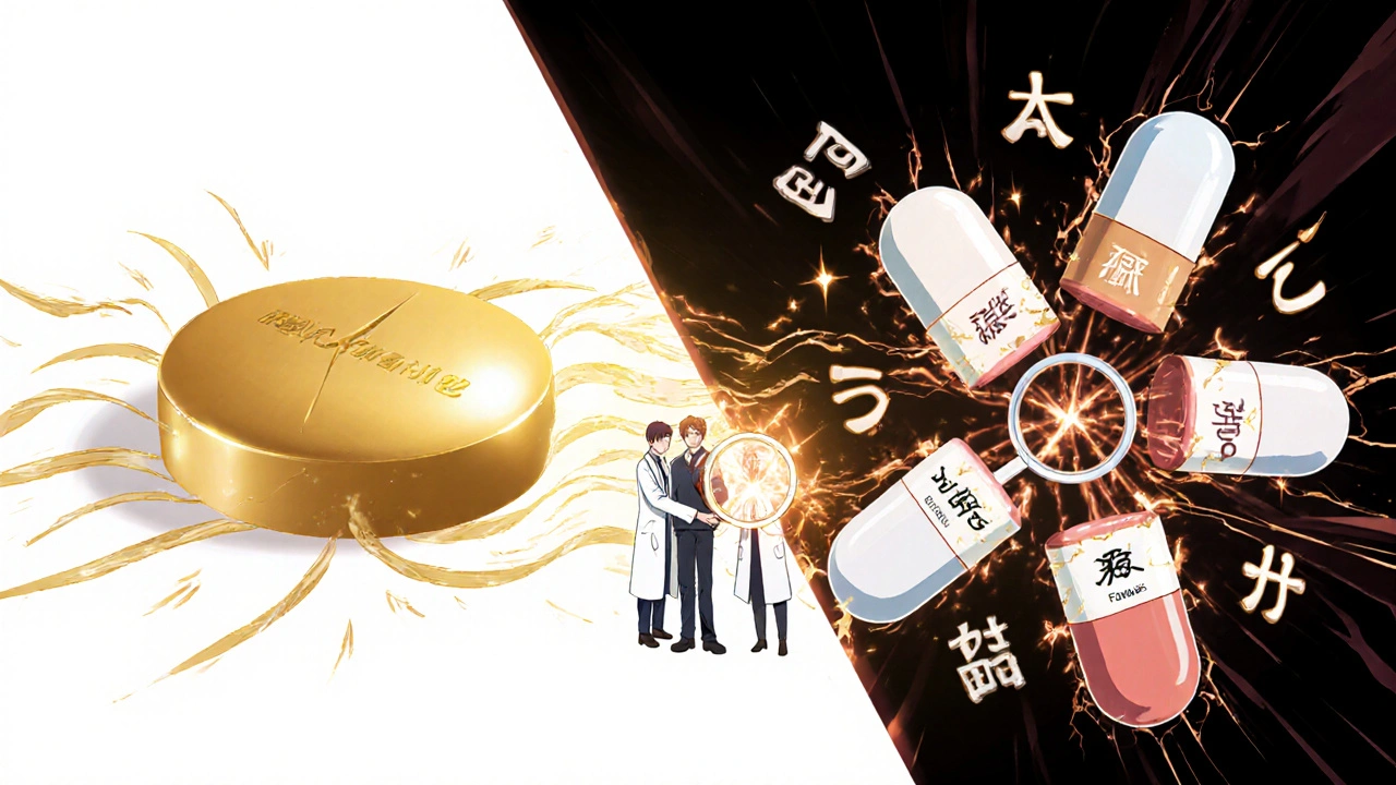 Split-screen battle between brand-name and generic pills, with hidden ingredients shown as glowing runes.