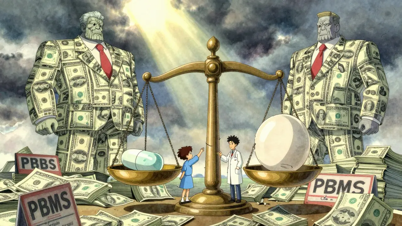 A broken scale with cheap and expensive generics, PBMs as giants, pharmacist and patient reaching for the affordable option.