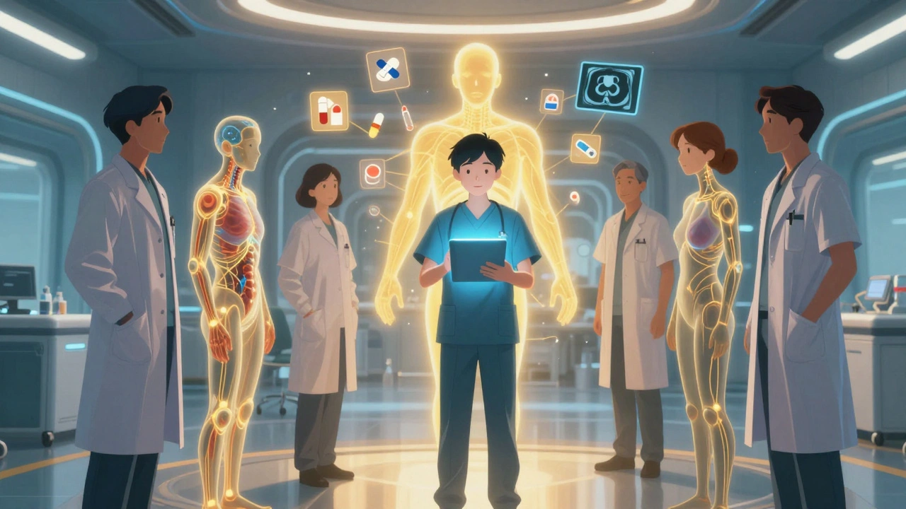 A care coordinator linking specialists and patient data in a futuristic hospital hub.