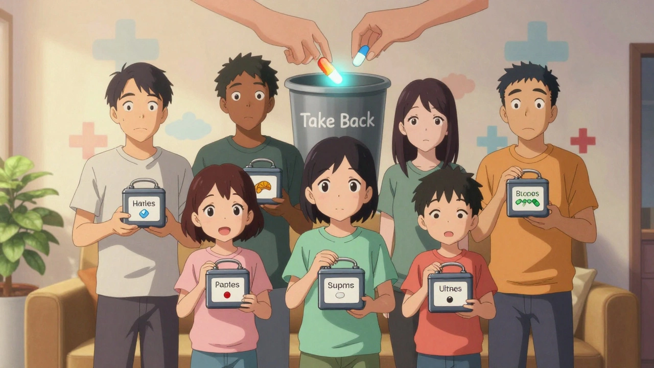 A family holds lockboxes labeled with high-risk meds, a mural shows safe disposal in the background.