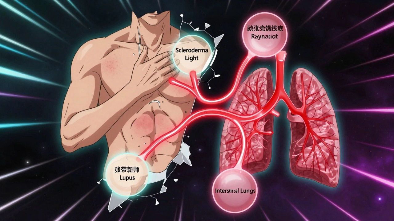 A fractured medical diagram showing overlapping autoimmune diseases connected by glowing pathways.