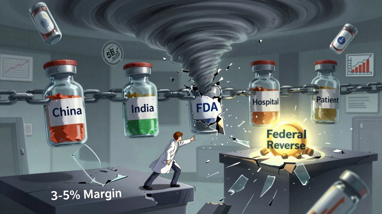 A fragile chain of global supply links cracks under pressure, with a pharmacist reaching toward a distant stockpile.