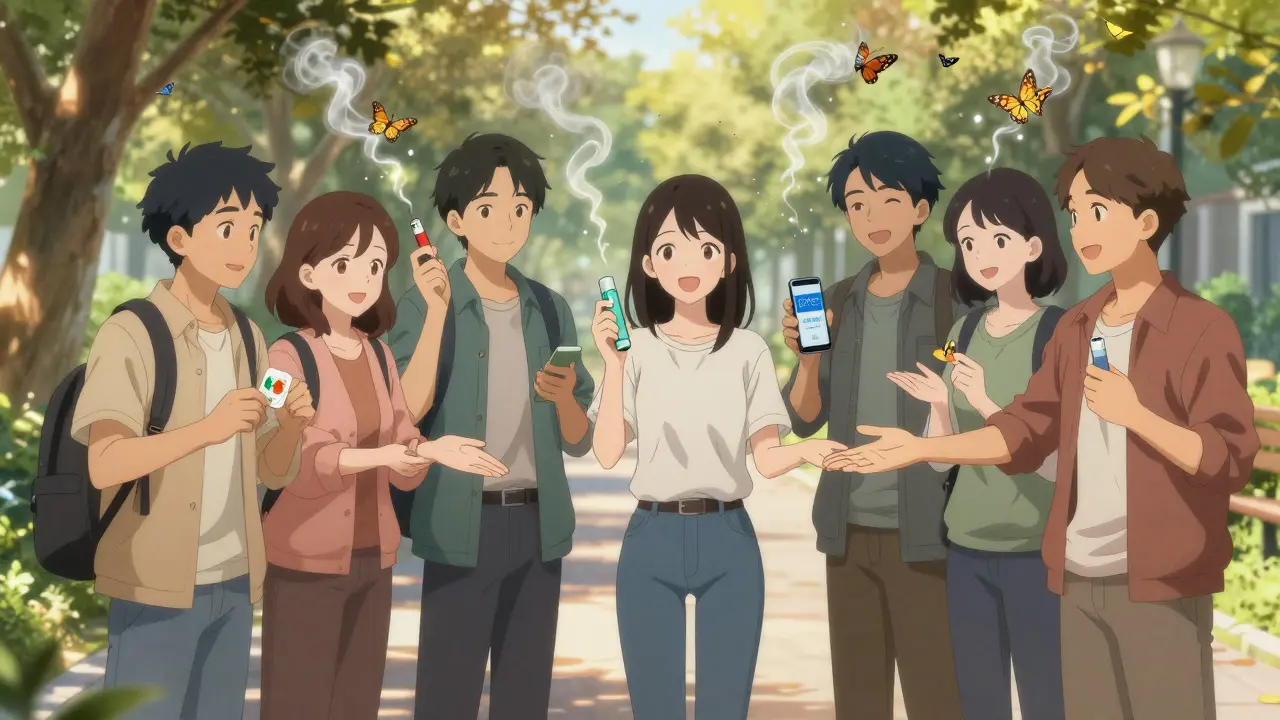 A group of people in a park holding quit-smoking aids as smoke turns into butterflies, symbolizing freedom.