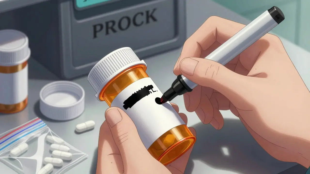 A hand marking out personal info on a prescription bottle with a permanent marker.