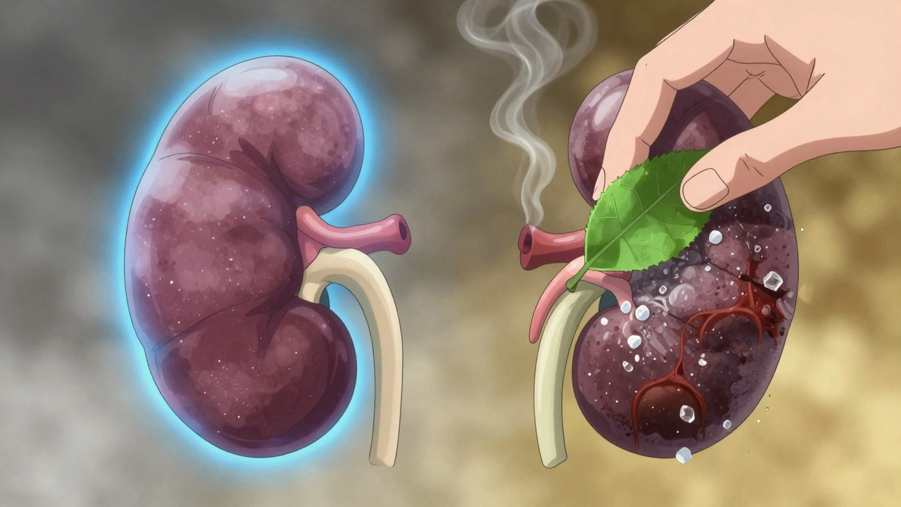A healthy kidney healing beside a damaged one, with symbols of sugar and smoke being replaced by green leaves.
