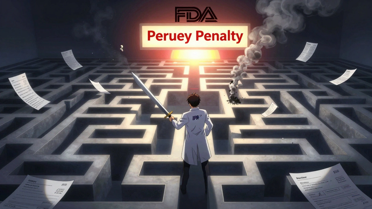 A hero cuts through a maze of patents with an IPR sword, as new FDA rules glow above.