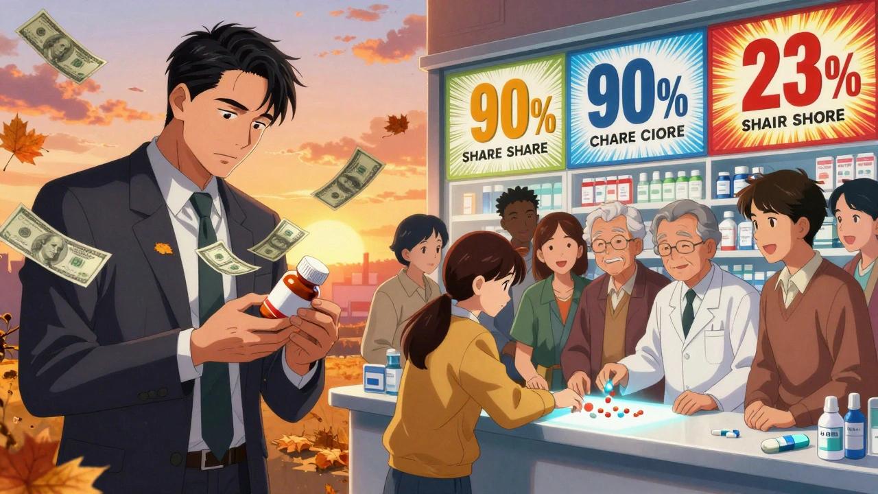 A man losing money to brand-name drugs vs. diverse people smiling with affordable generics and a cost-saving graph.