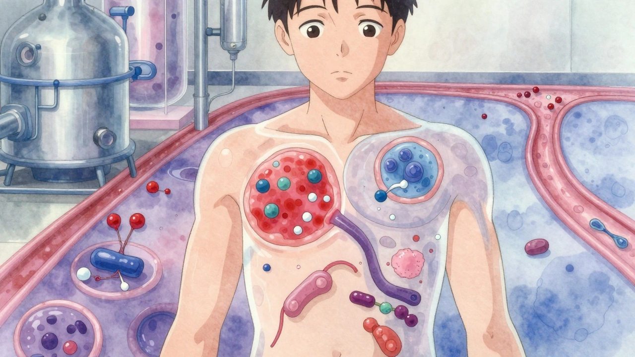 A patient’s body with immune cells binding to varied biologic proteins, showing consistent effectiveness in a calm bloodstream.