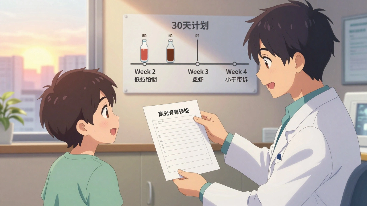 A person smiling at a doctor while holding a kidney health test result, with a 30-day plan visible on the wall.