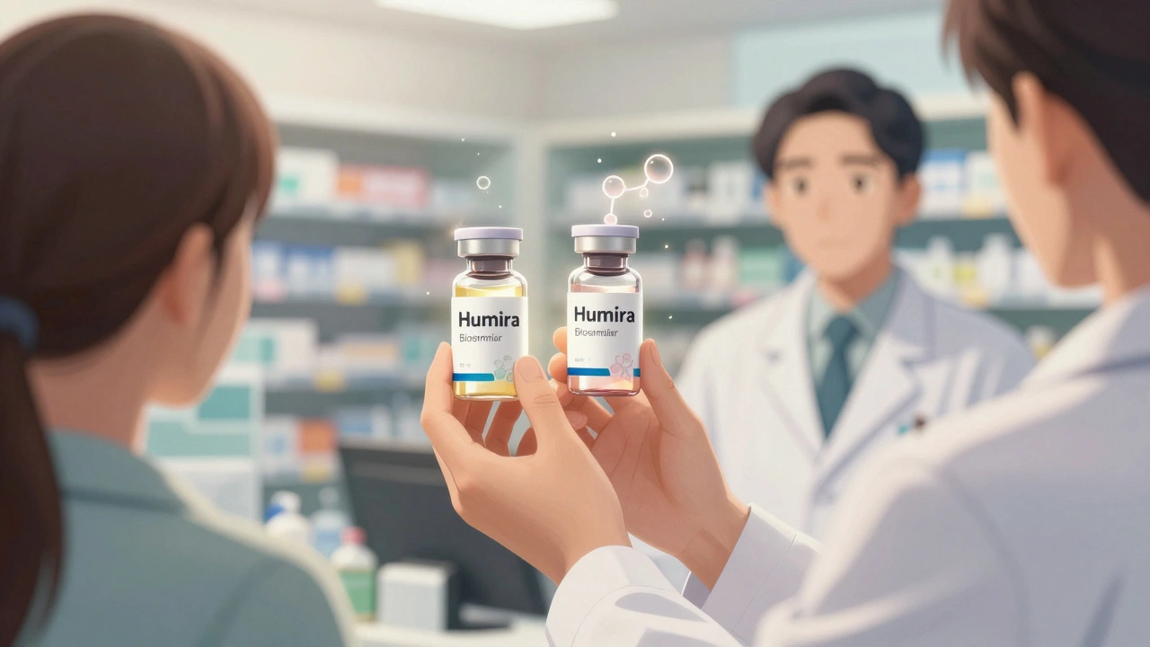 A pharmacist handing two similar biologic vials to a patient, with subtle molecular differences visible only in the art style.