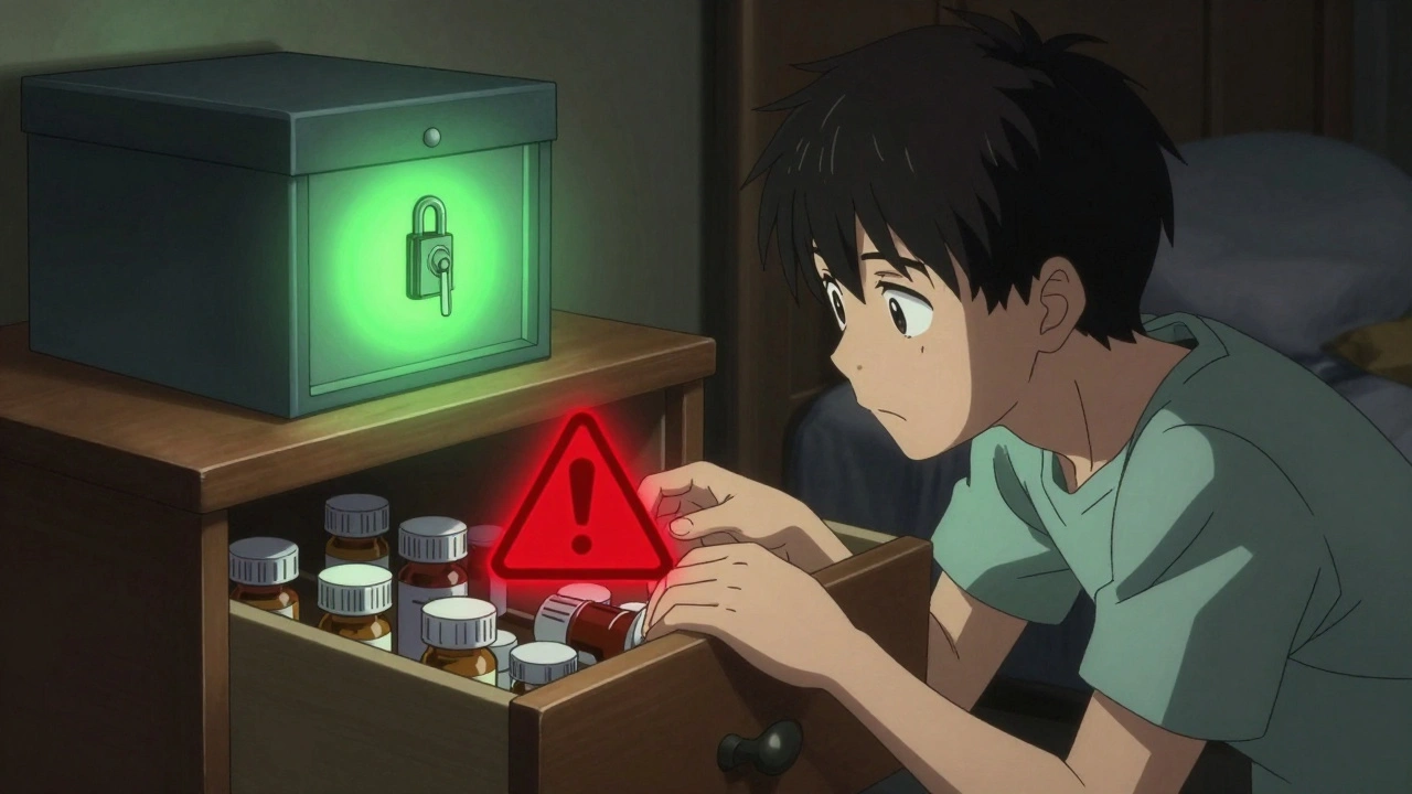 A teen reaches for pills from an open nightstand, a glowing warning symbol hovers above.