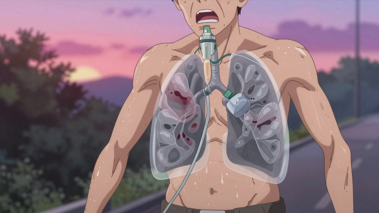 A thin person with emphysema gasping while walking, wearing portable oxygen.