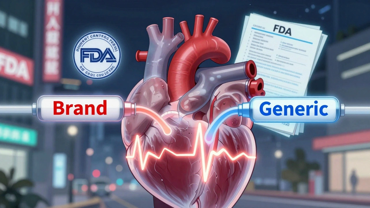 A transparent heart receiving equal medicine streams from generic and brand-name drugs, with FDA seal floating nearby.