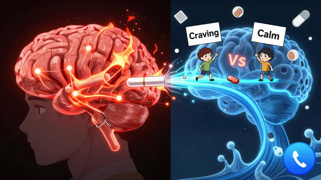 An anime-style brain showing nicotine receptors being blocked by varenicline, with calming dopamine waves.