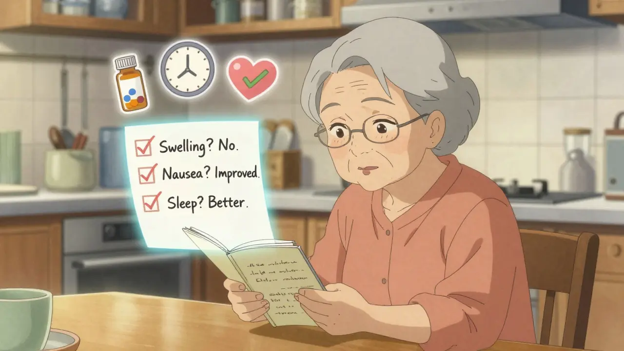 An elderly woman tracking medication symptoms in a notebook with glowing checkmarks above her.