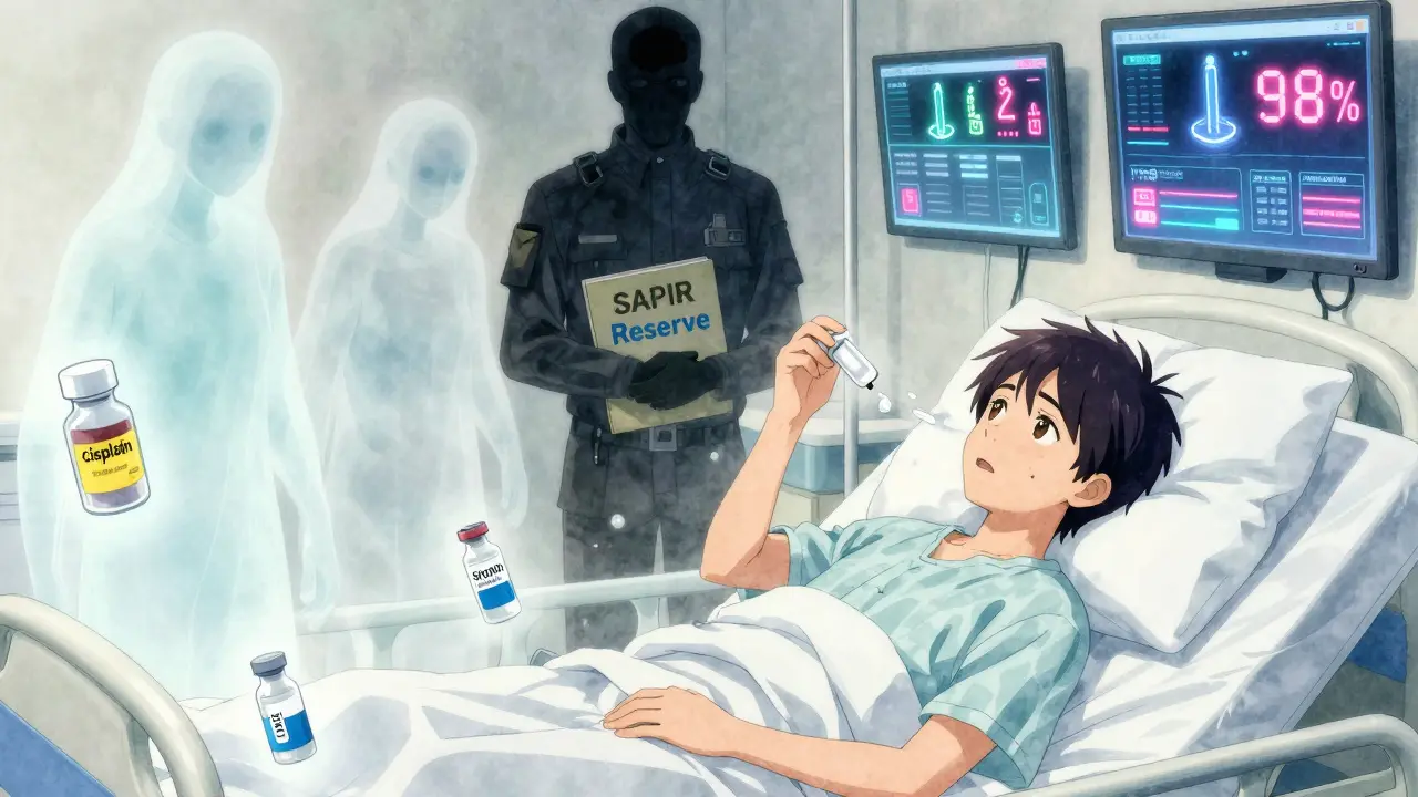 Cancer patient surrounded by ghostly missing medicines, government official holding SAPIR reserve folder.