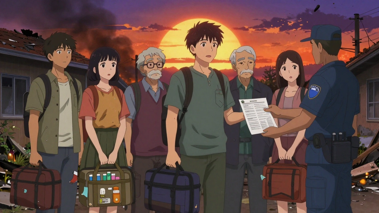 Diverse group of people with go-bags standing together as wildfire smoke fills the sky behind them.