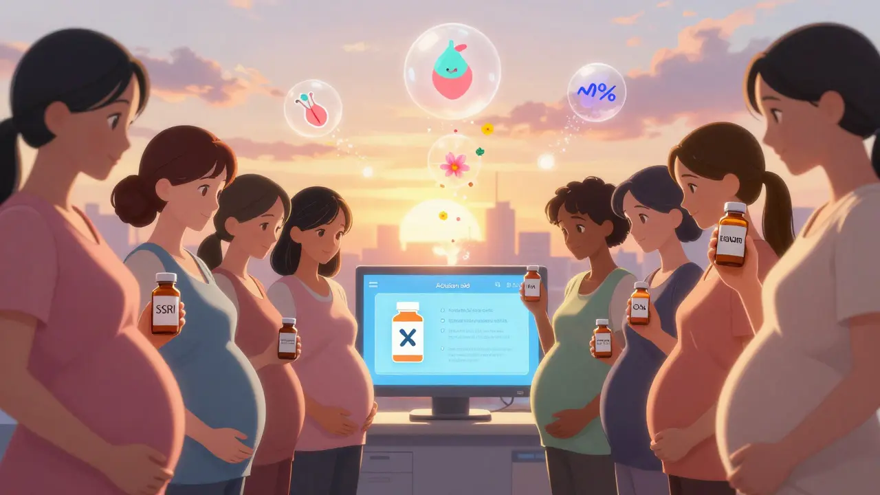 Diverse group of pregnant women united by shared mental health medication information and hope.