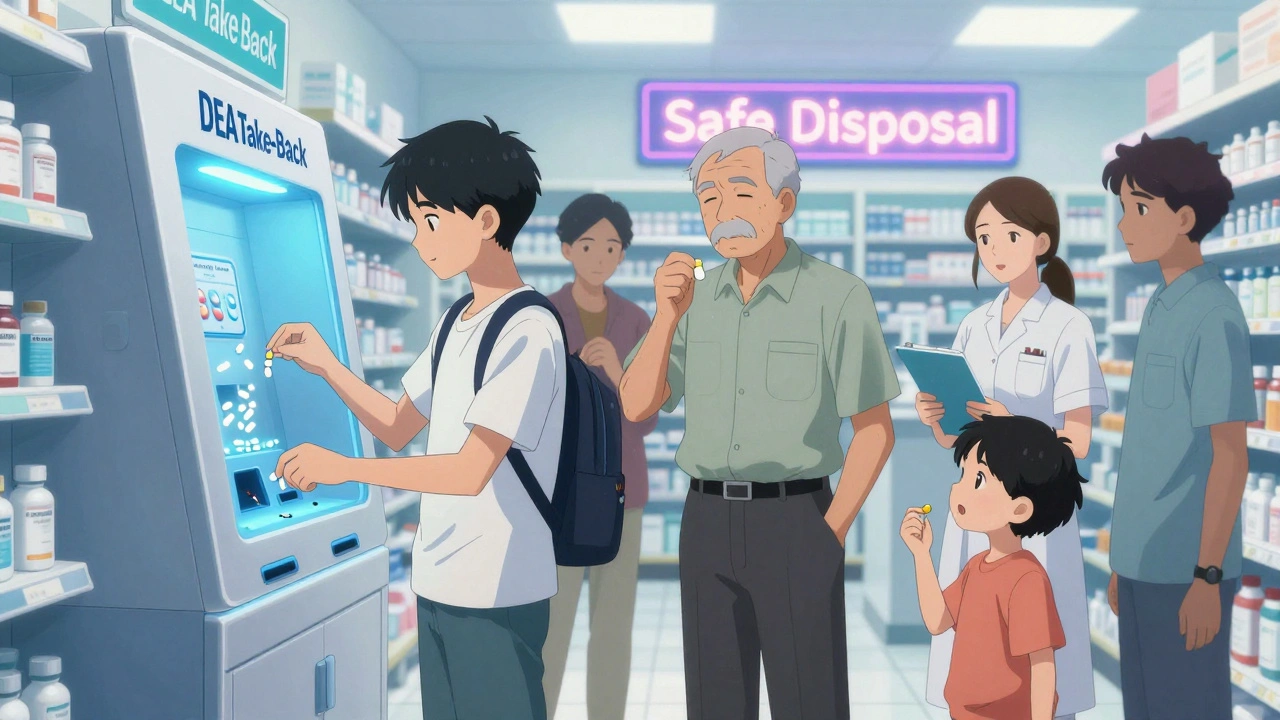 Diverse group placing opioids into a pharmacy take-back kiosk under neon sign