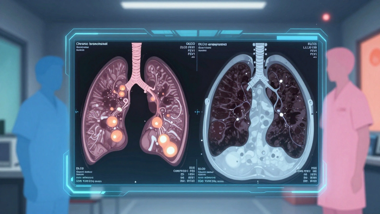 Doctor analyzing dual lung scans showing bronchitis and emphysema side by side.